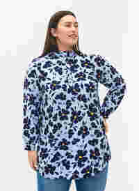 Long-sleeved tunica with ruffle collar, Flower AOP, Model