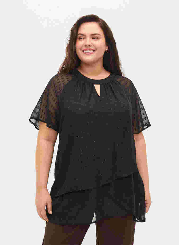 Blouse with 2/4 sleeves in patterned chiffon, Black, Model image number 0