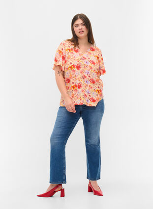 Short sleeved viscose blouse with floral print, Red Orange AOP, Model image number 2