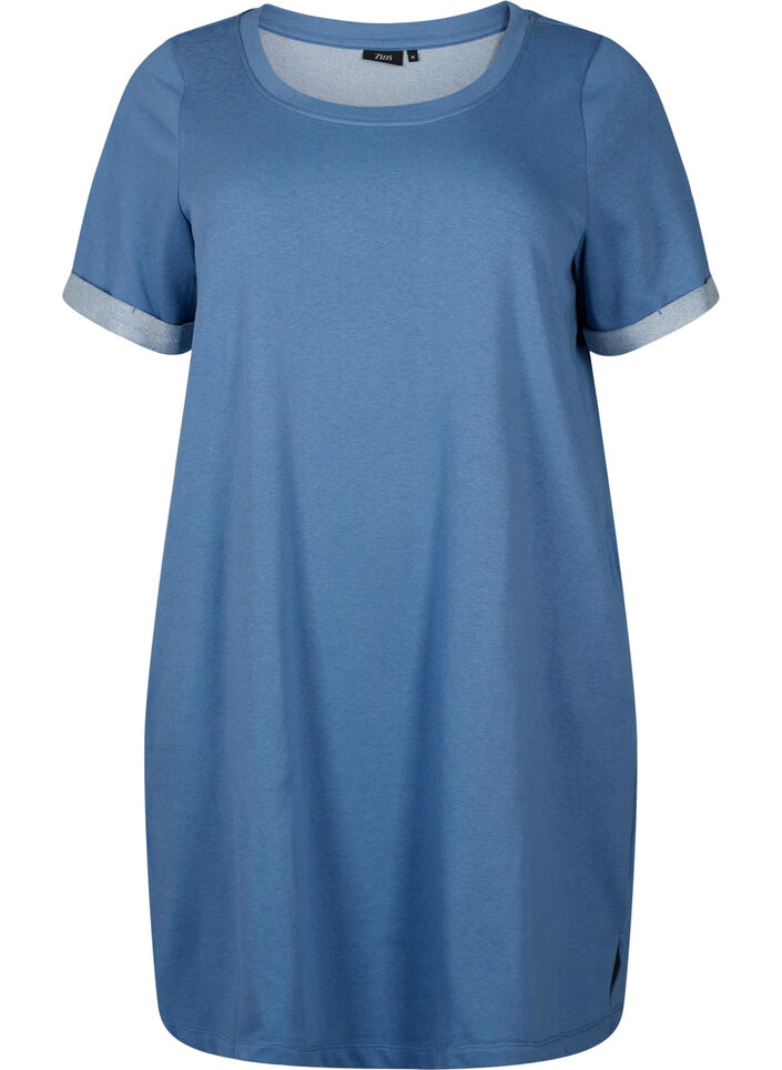 Short-sleeved sweat dress with pockets, Moonlight Blue, Packshot image number 0