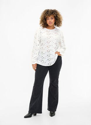 Long-sleeved blouse with hole pattern, Bright White, Model image number 2