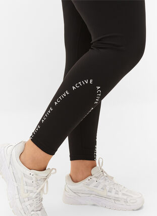 Cropped sport tights with text print, Black, Model image number 2