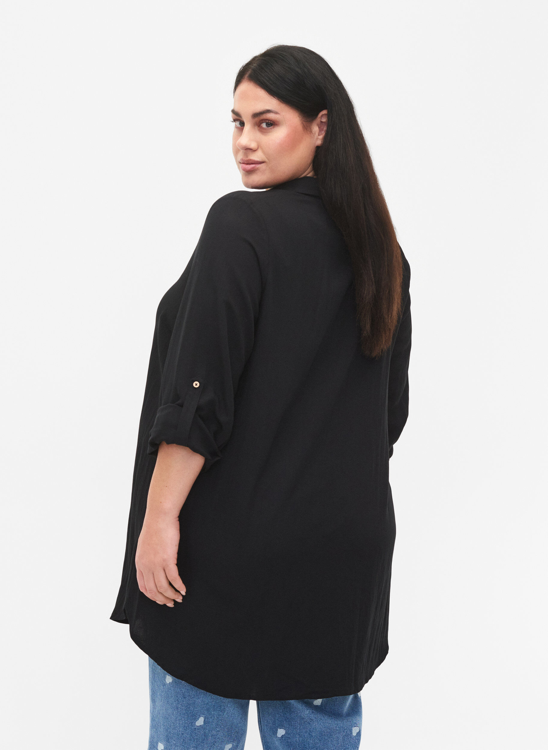 Zizzifashion Long plain viscose shirt, Black, Model image number 1