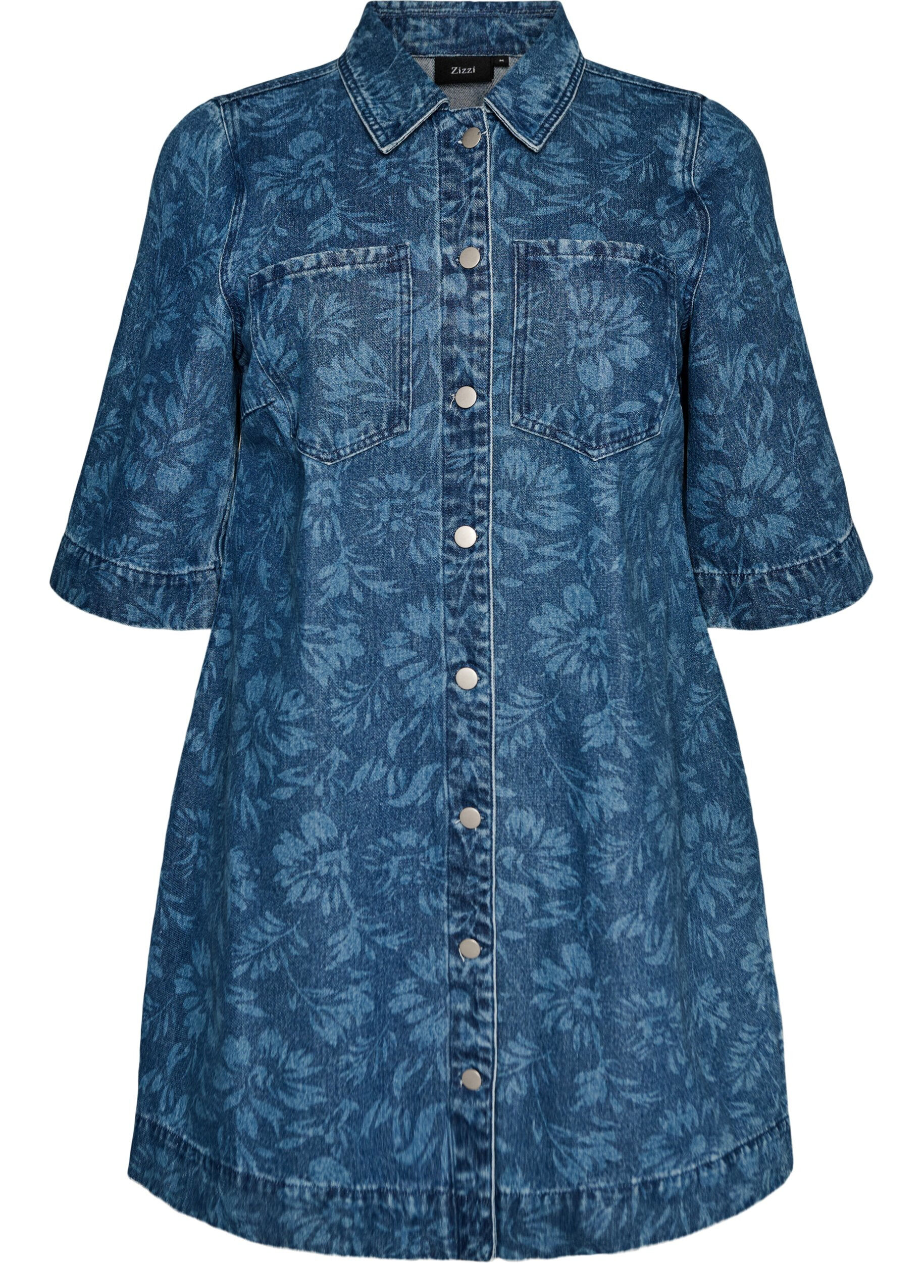 Zizzifashion Denim dress with floral print and chest pockets, Blue, Packshot image number 0