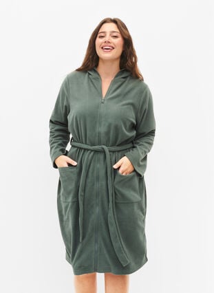 Morning robe with zipper and hood, Balsam Green, Model image number 0