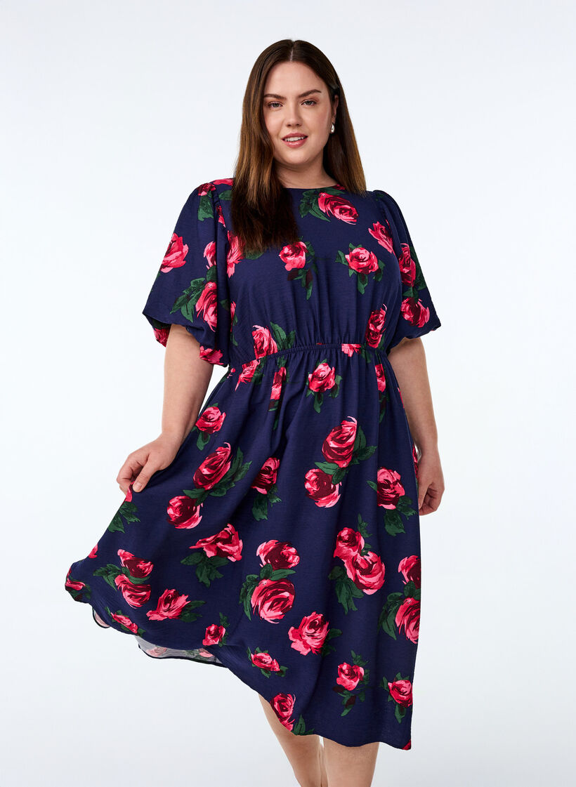 Midi dress with rose print and short balloon sleeves, Blue, Model image number 0