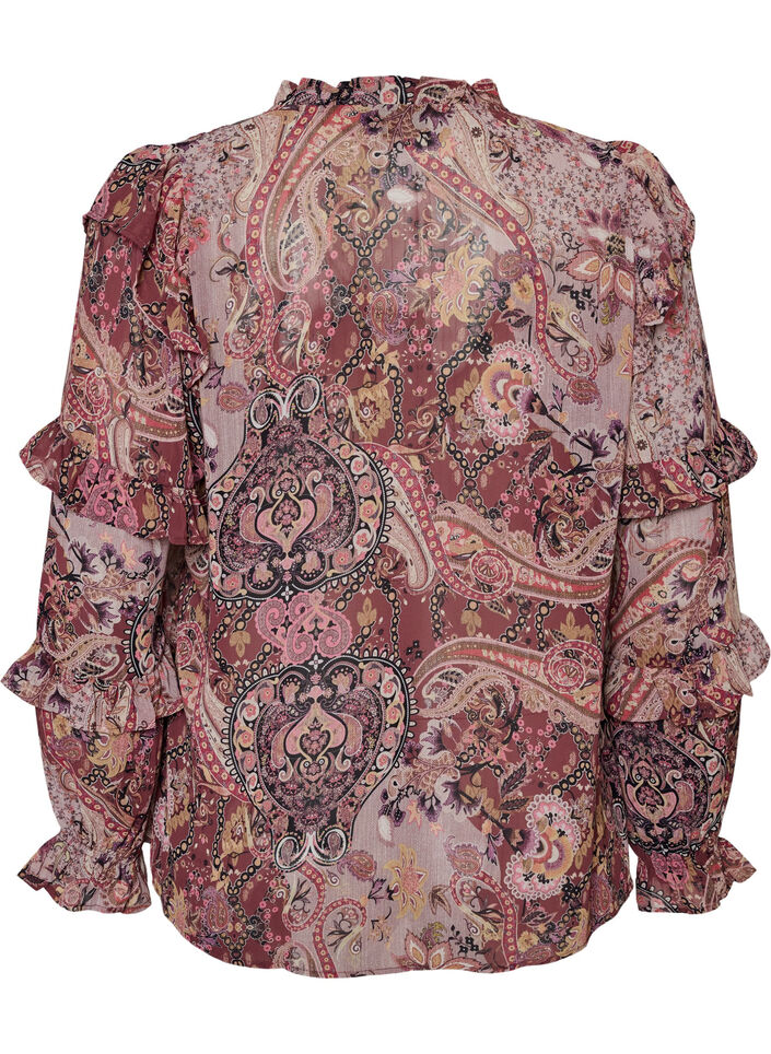 Blouse with paisley print and ruffle details, Purple, Packshot image number 1