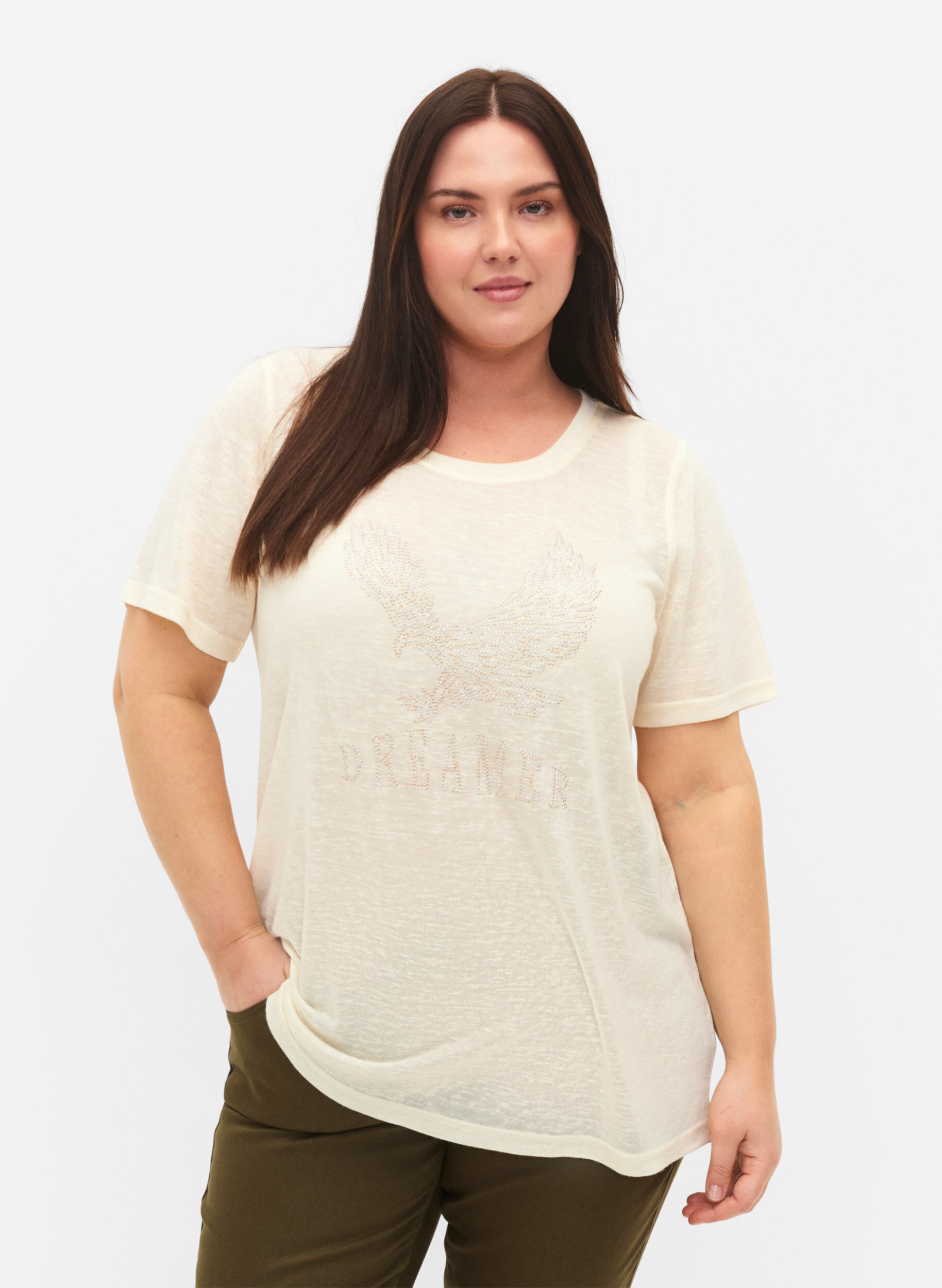 Zizzifashion T-shirt with studs and round neck, Buttercream, Model image number 0