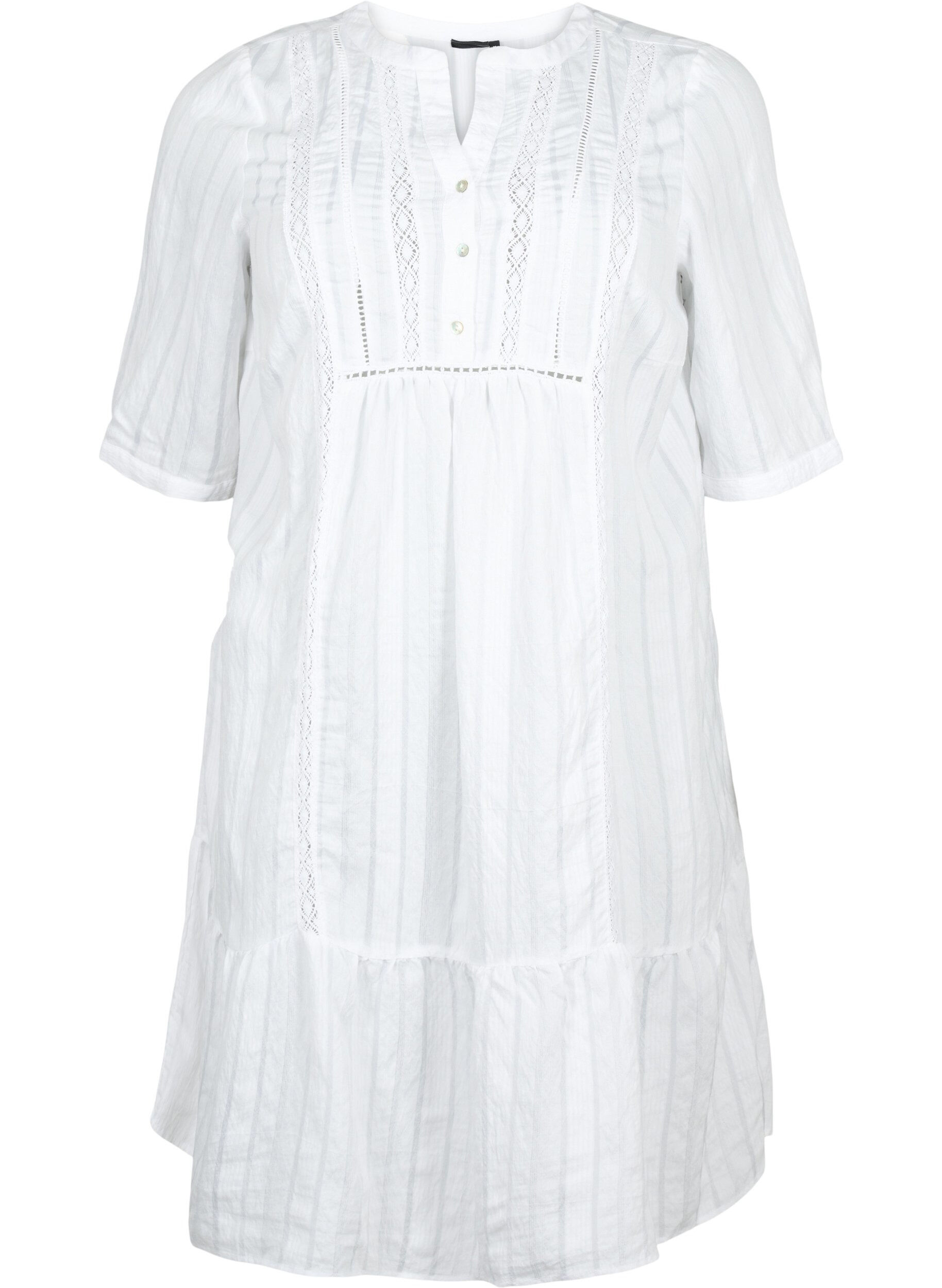 Zizzifashion Striped viscose dress with lace ribbons, Bright White, Packshot image number 0