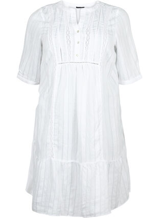 Striped viscose dress with lace ribbons, Bright White, Packshot image number 0