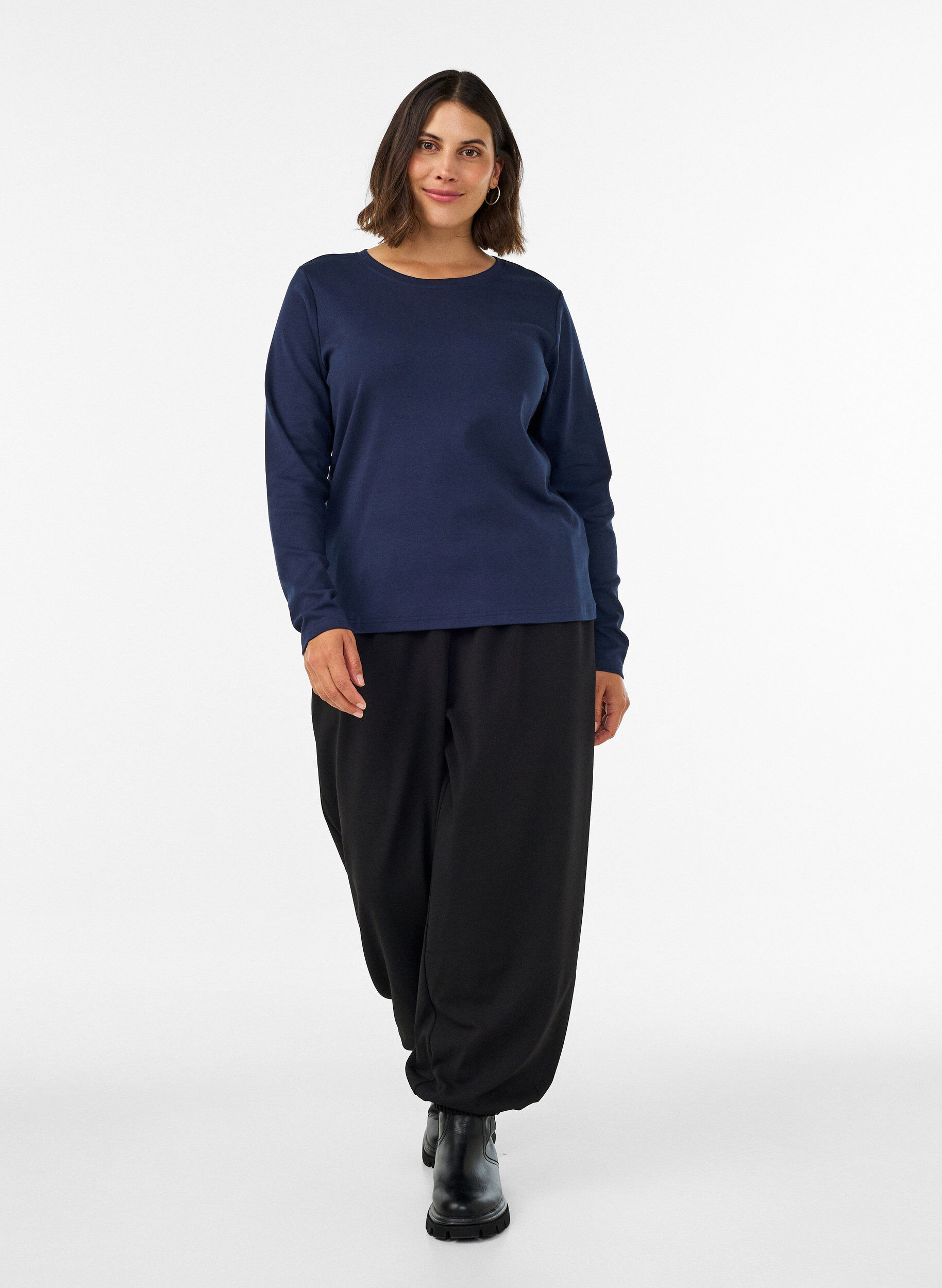 ZizzifashionLong-sleeved basic T-shirt with a round neck, Blue, Model image number 1