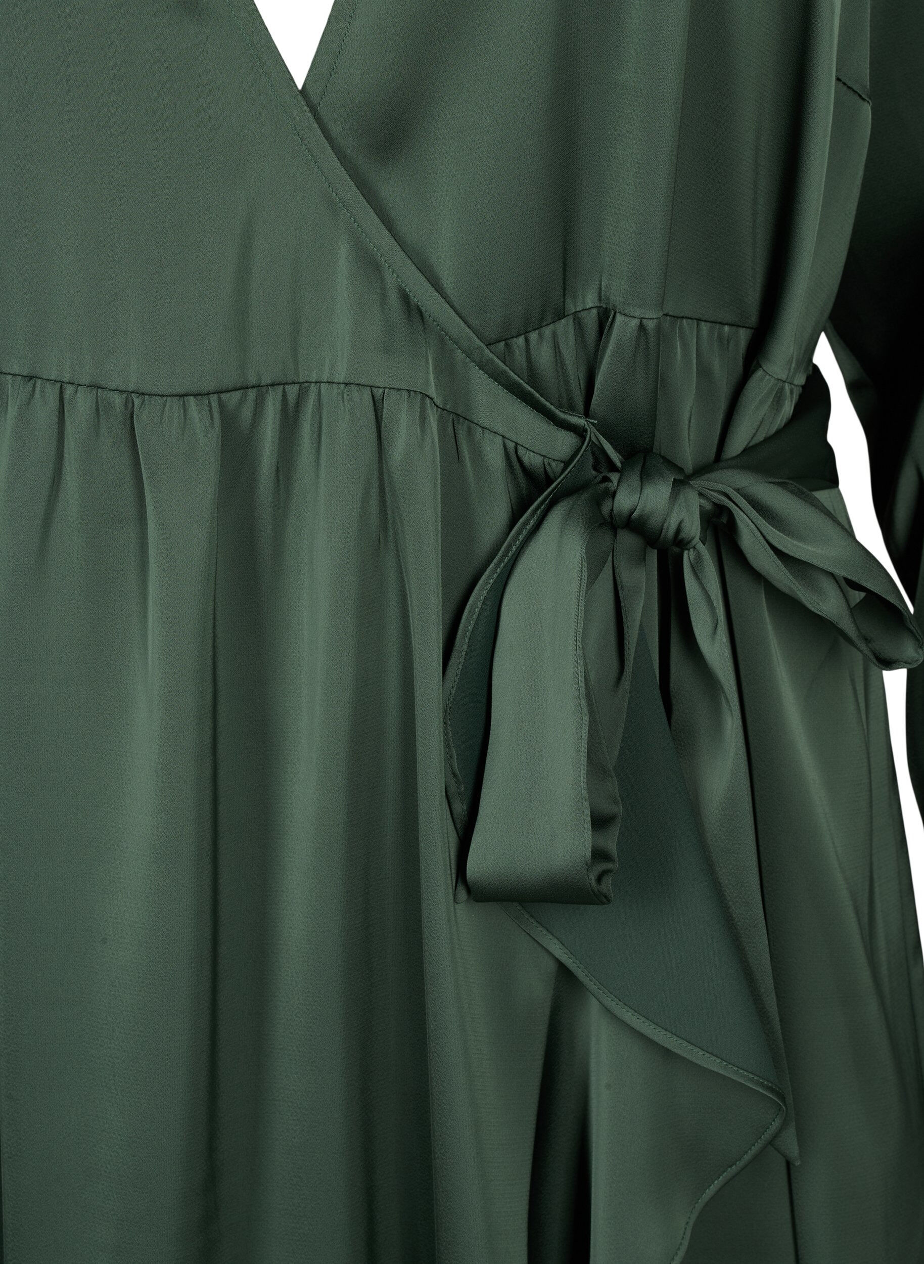 Zizzifashion Long sleeve satin wrap dress, Duck Green, Packshot image number 2