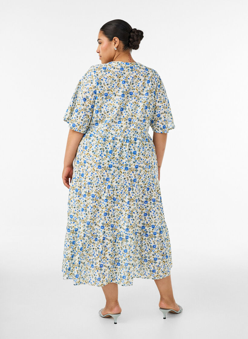 Cotton midi dress with floral print, Blue, Model image number 1