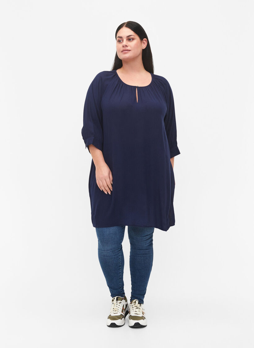 Viscose tunic with 3/4 sleeves, Blue, Model image number 1