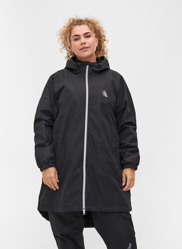 Hooded rain jacket with reflective piping, Black, Model image number 0