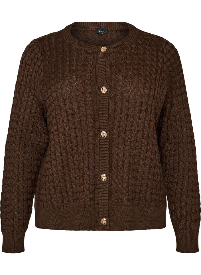 Cable-knit cardigan with golden buttons, Brown, Packshot image number 0