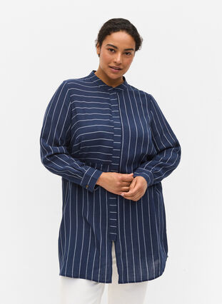 Long striped shirt in a viscose mix, Blue/White, Model image number 0