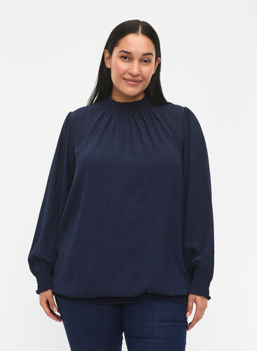 FLASH - Long sleeved blouse with smock and glitter	, Navy w. Gold, Model image number 0