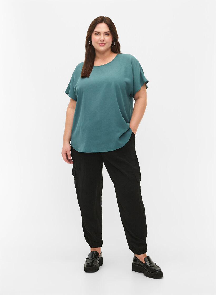 Blouse with short sleeves and a round neckline, Green, Model image number 1