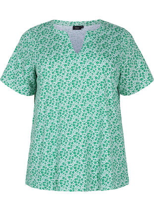 Floral cotton t-shirt with v-neck, Jolly Green AOP, Packshot image number 0