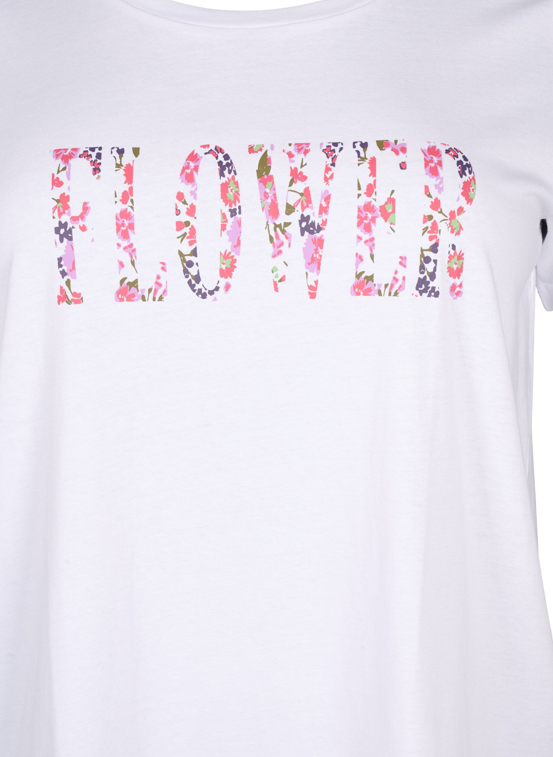 Zizzifashion Cotton T-shirt with text print, B. White w. Flower, Packshot image number 2