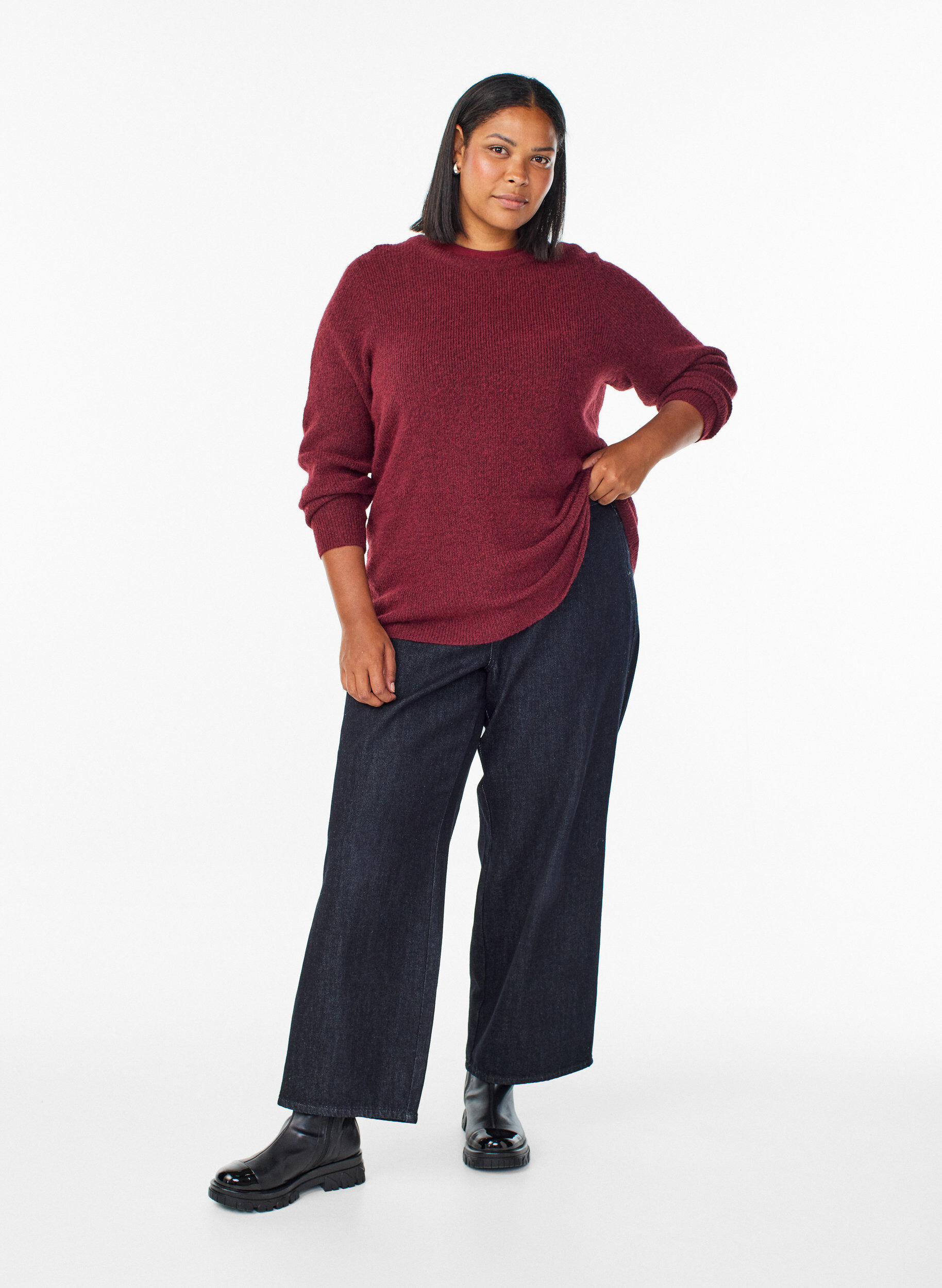 ZizzifashionMelange knit blouse with round neck, Red, Model image number 1