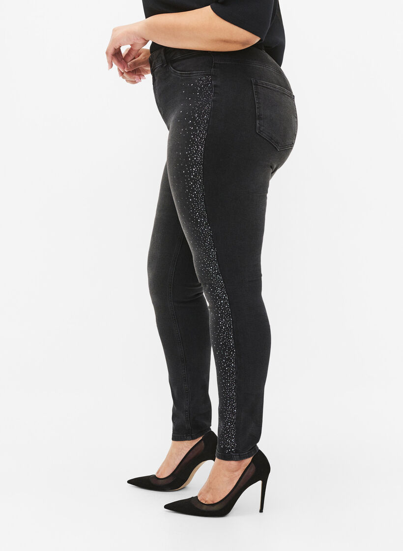 High-waisted Amy jeans with rhinestones, Grey Denim, Model image number 3