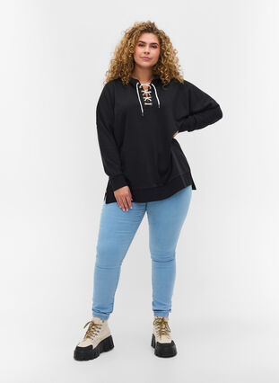 Sweatshirt with hood and contrasting string details, Black, Model image number 2