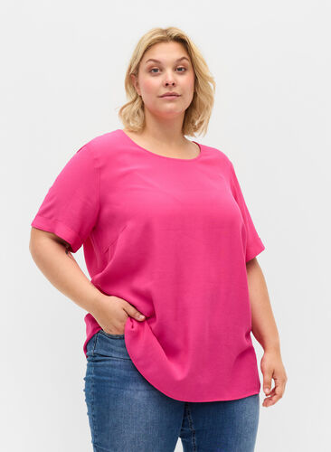 Short-sleeved viscose blouse, Fuchsia Purple, Model image number 0