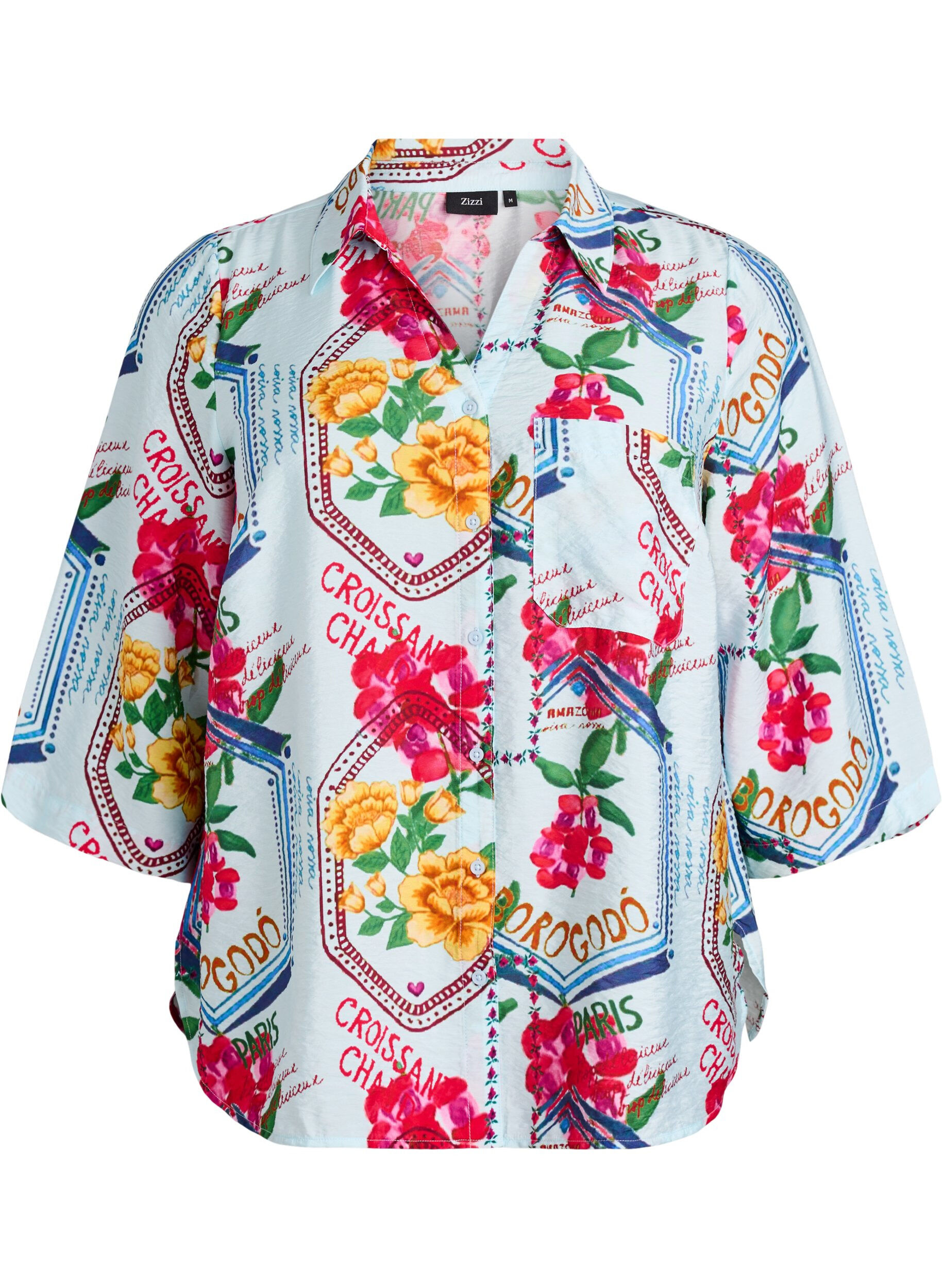 ZizzifashionShirt blouse with elbow-length sleeves and colourful print, Light Blue, Packshot image number 0