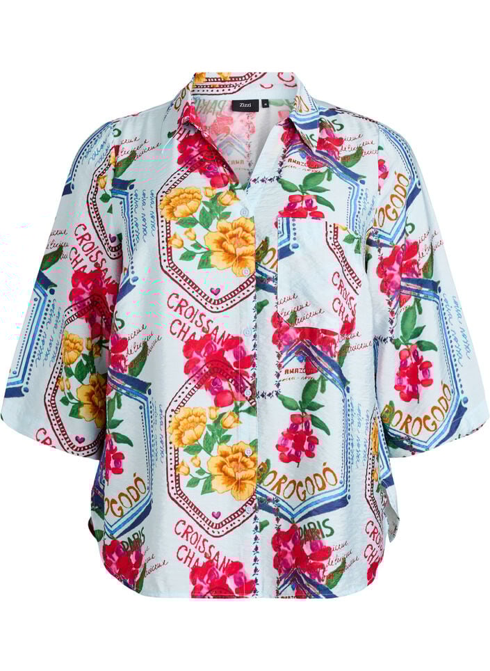 Shirt blouse with elbow-length sleeves and colourful print, Light Blue, Packshot