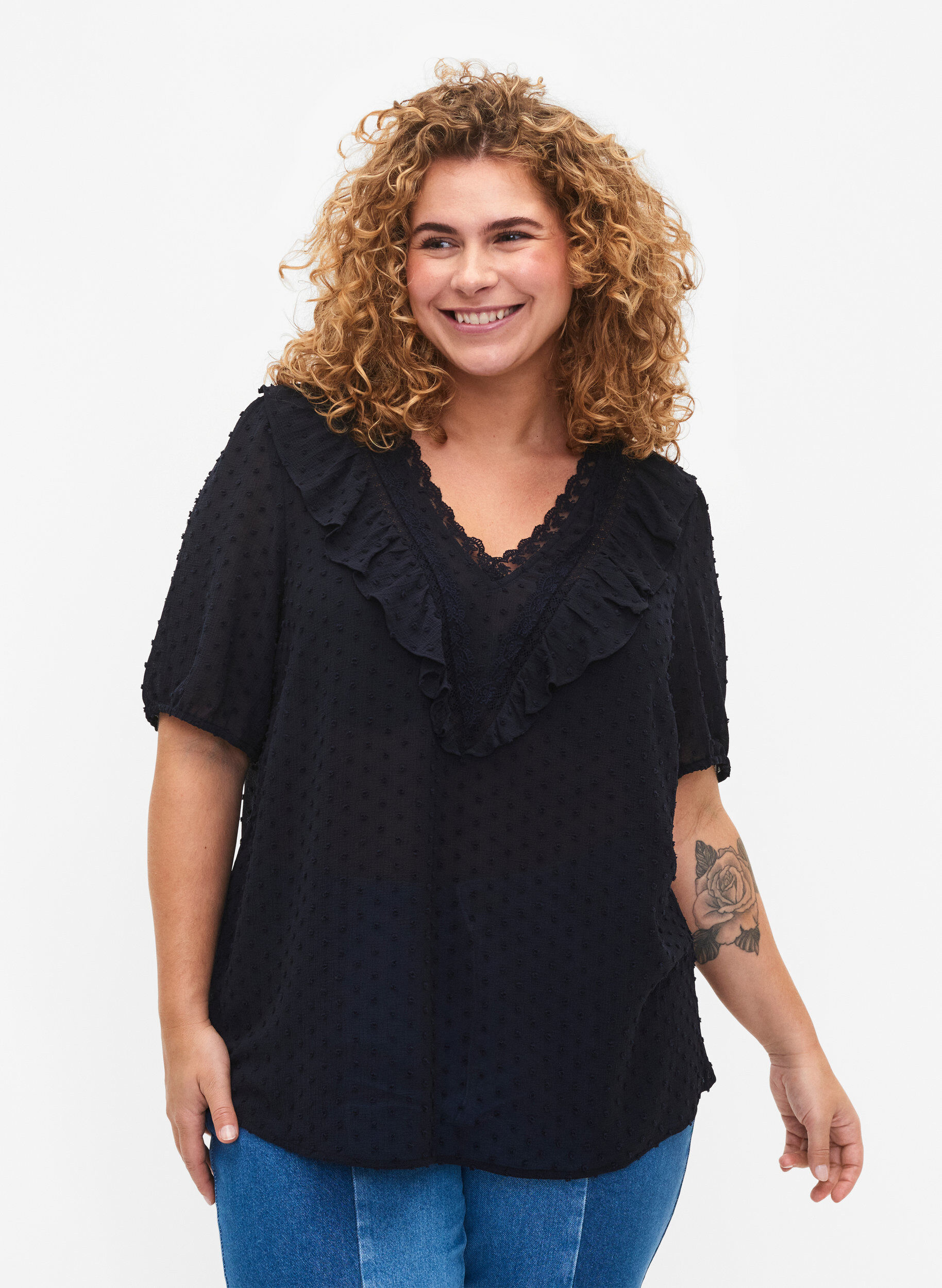 Zizzifashion Blouse with short sleeves and dotted structure, Night Sky, Model image number 0