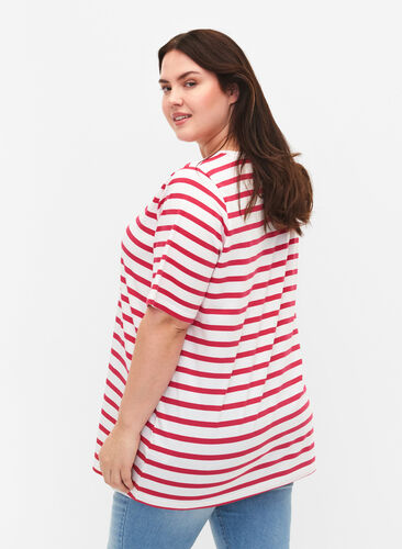 Striped T-shirt in organic cotton, Bright Rose Stripes, Model image number 1