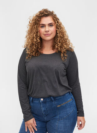 Basic blouse with long sleeves, Dark Grey Melange, Model image number 0