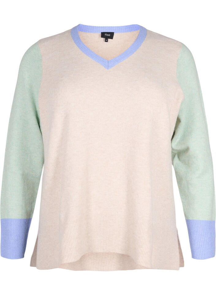 Knitted blouse with colour block and v-neck, Pumice Stone Mel.Com, Packshot image number 0
