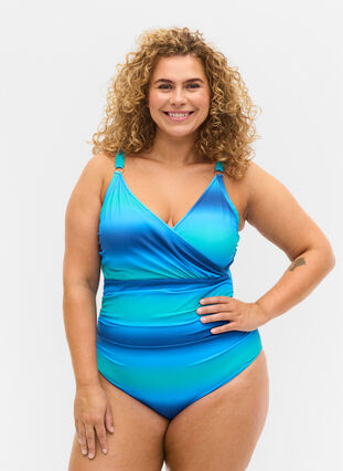 Printed swimsuit with soft padding, Blue Green, Model image number 0