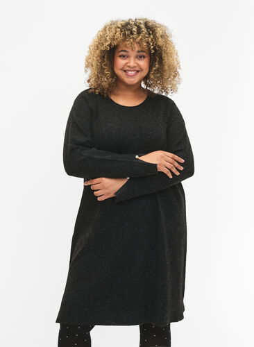 Knitted dress with slit in the sleeves, Dark Grey Melange, Model image number 0
