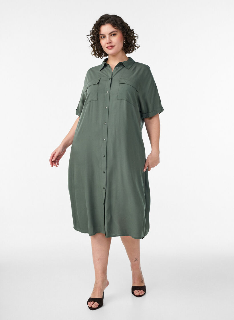 Long shirt dress with short sleeves, Green, Model image number 0