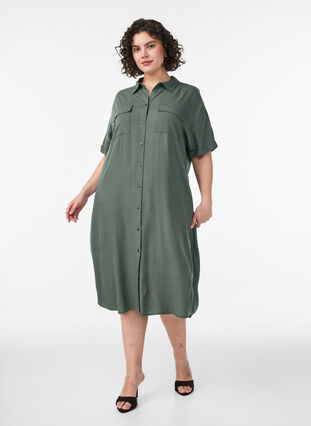 long sleeve shirt dress with pockets BLTIBY Cotton Linen Shirt Dress for Womens Pleated Button Long Dress Long Sleeve A-line Loose Swing Dress with Pockets Army Green L, Women's, Size: