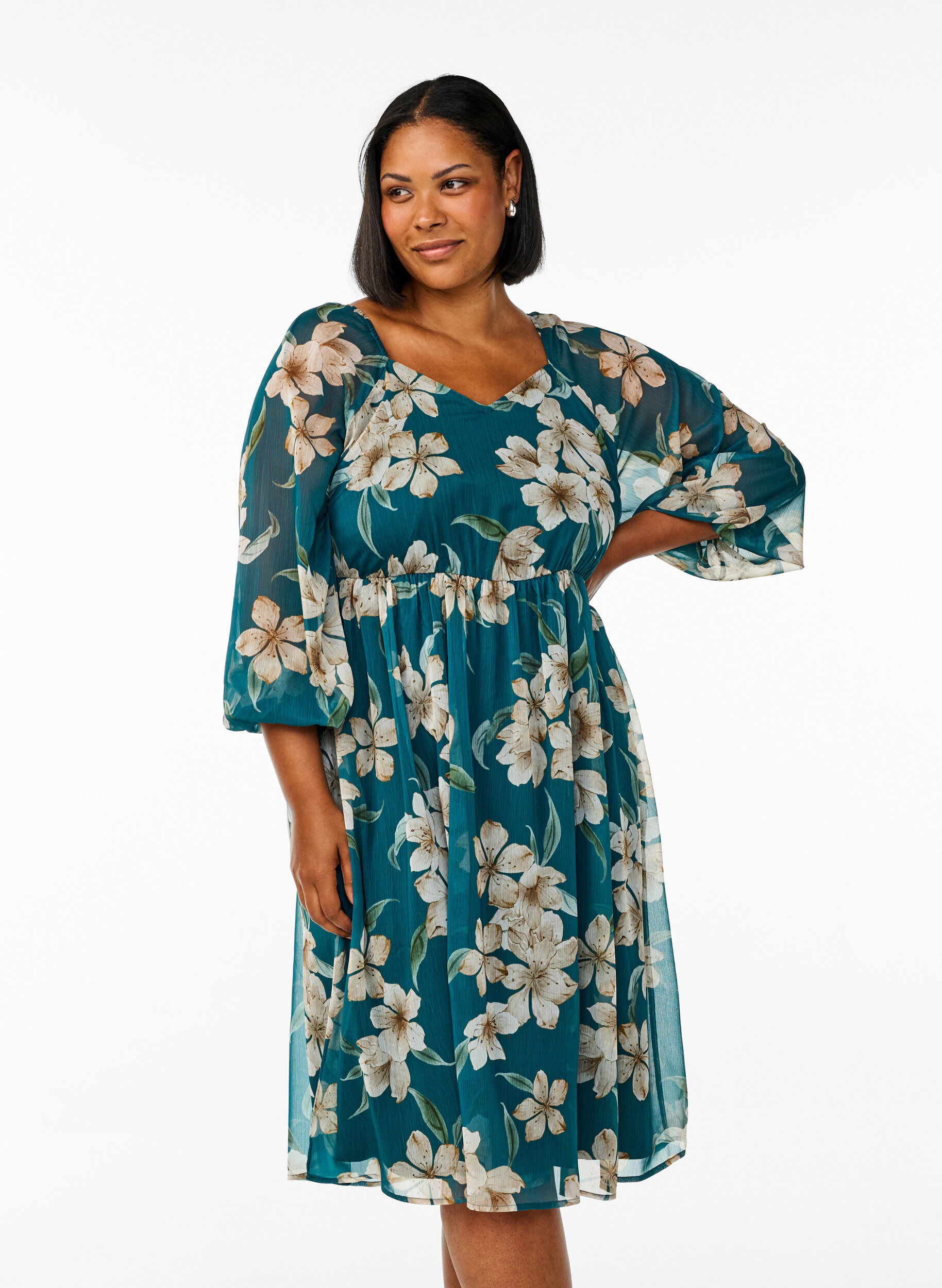 ZizzifashionChiffon party dress with long sleeves, Green, Model image number 0