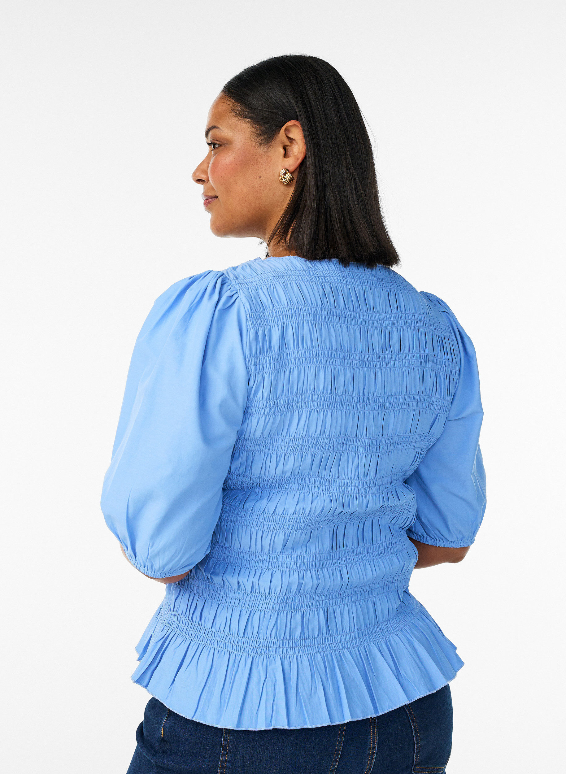 ZizzifashionSmock blouse with a ruffle hem and boat neck, Blue, Model image number 2