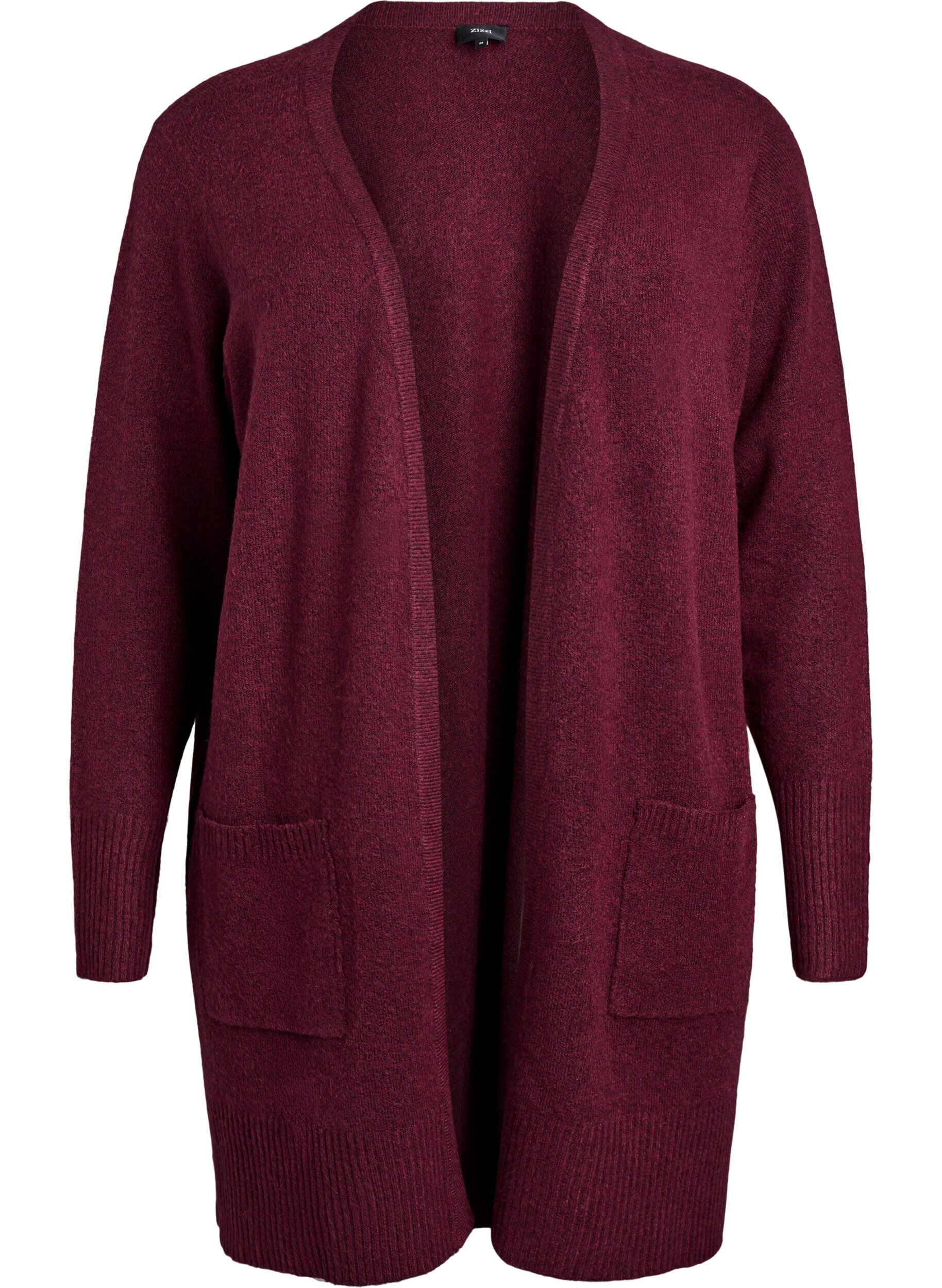 ZizzifashionRibbed Knit Cardigan with Pockets, Dark Bordeaux, Packshot image number 0