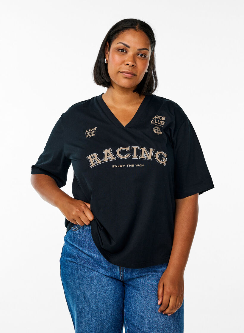Oversized T-shirt with Racing print, Black, Model image number 0