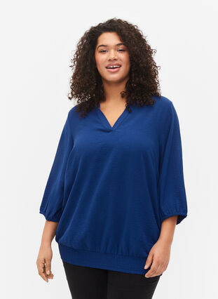 Blouse with smock and 3/4 sleeves, Blue Depths, Model image number 0