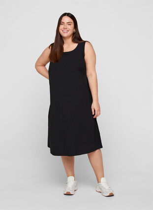 Sleeveless cotton dress with A-line cut, Black, Model image number 3