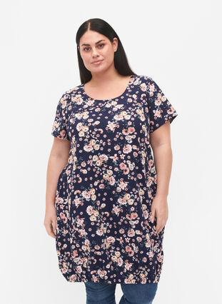 Short-sleeved, printed cotton dress, Blue Rose Flower, Model image number 0