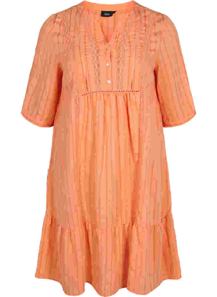 Striped viscose dress with lace ribbons, Nectarine, Packshot image number 0
