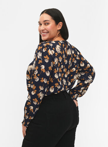 FLASH - Long sleeved blouse with smock and print, Navy Brown Flower, Model image number 1
