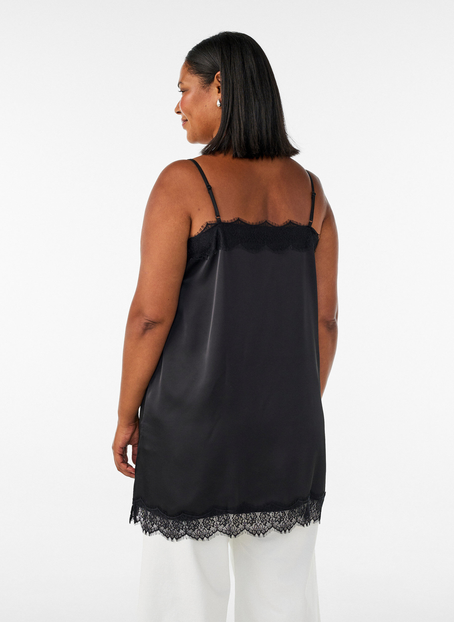 ZizzifashionLong satin top with lace edges, Black, Model image number 2