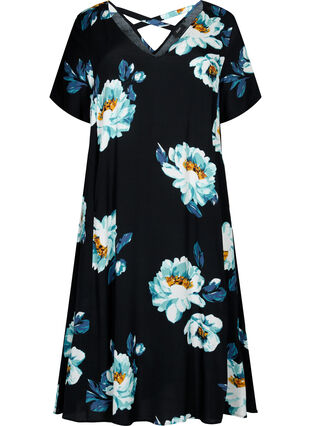 Floral dress with short sleeves in viscose, Black Big Flower, Packshot image number 0